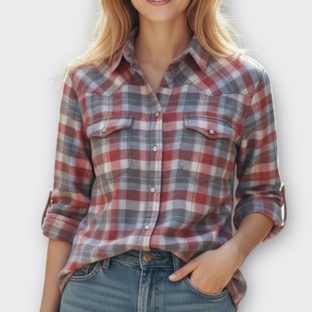 Jachs Girlfriend Bea Plaid Cotton Flannel Western Snap Roll-Tab Shirt Size L